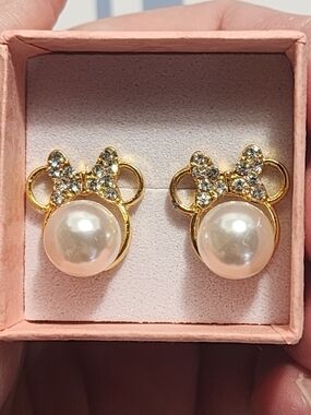 Gold Pearl Bow Stud Earrings - Women Jewelry